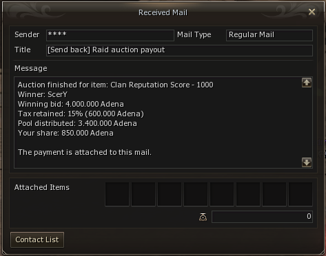Proportional Adena payout to participants (excluding that round’s winner)